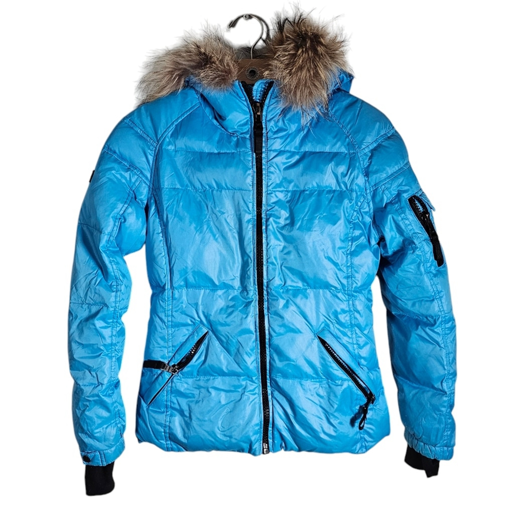 Blue Kids Puffer Jacket with Faux Fur Hood